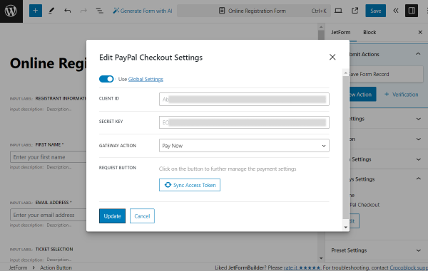 the first part of the edit paypal checkout settings popup