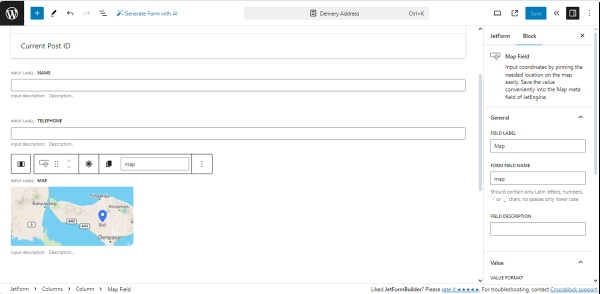 the map field added to the form