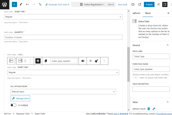 ticket type repeater field form field name changed