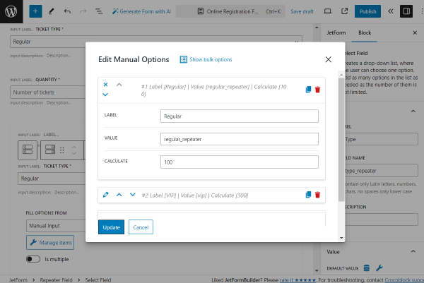 value changed in the edit manual options pop-up