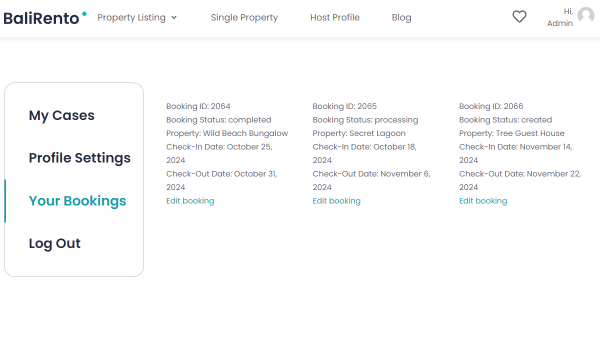 your bookings listing on the profile page