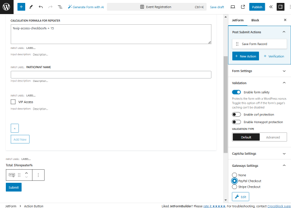 action button, post submit actions, and gateways settings for the second form