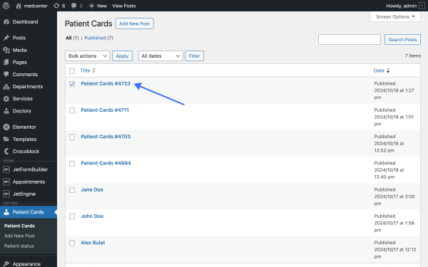 patient cards cpt backend status published