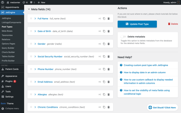 creating patient card custom post type