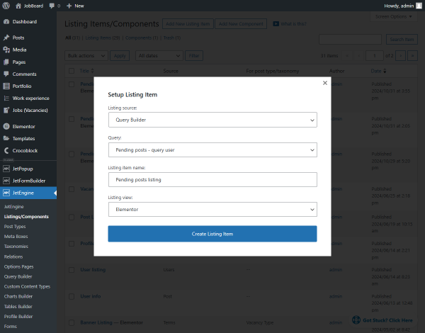 creating listing template with the custom query source