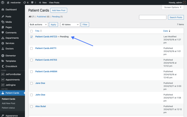 patient cards cpt backend status pending