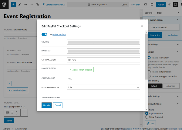 edit paypal checkout settings popup for the first form