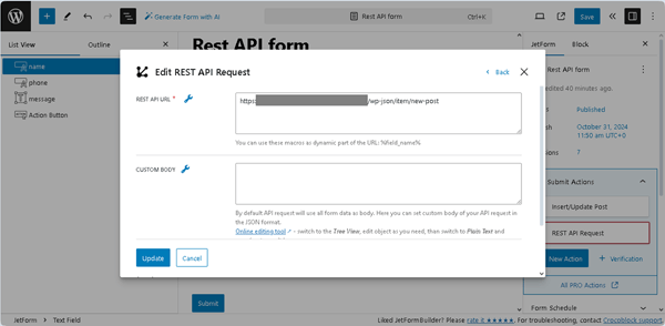 edit rest api request pop-up