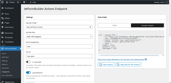 form fields data displayed on the jetformbuilder actions endpoints page