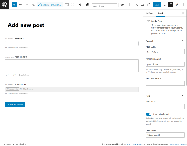 form fields for the add new post form