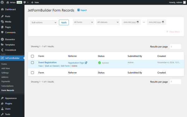 jetformbuilder form records