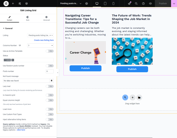 listing grid with posts with the pending status in the profile template