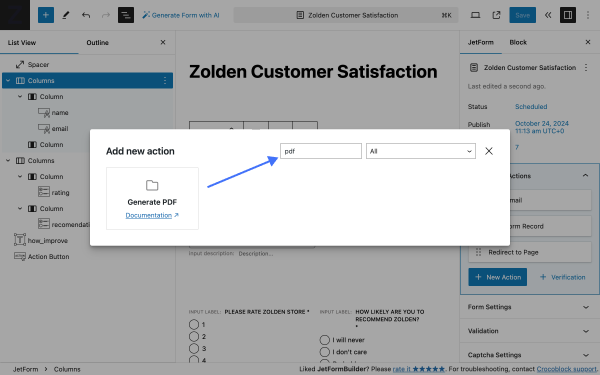 wordpress form to pdf new action search