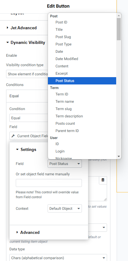 post status field for the visibility condition