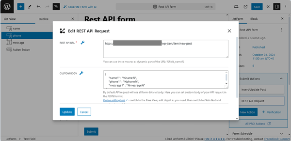 rest api request pop-up filled out