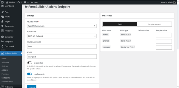 route settings of the jetformbuilder actions endpoints