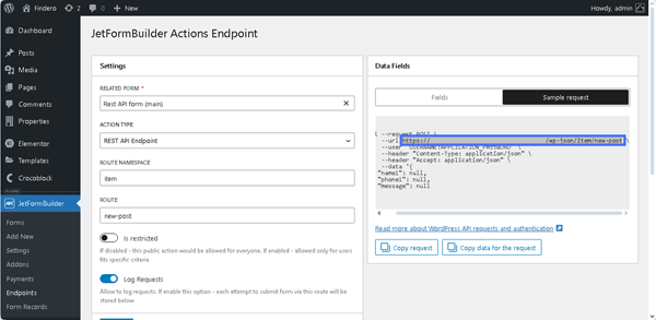 sample request button of the jetformbuilder actions endpoints page