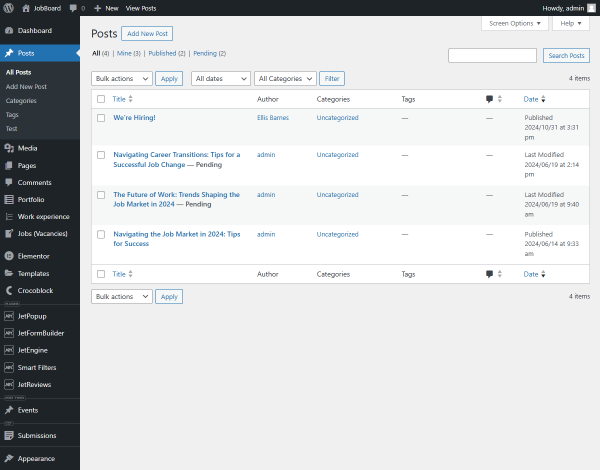 wordpress posts with pending and published status