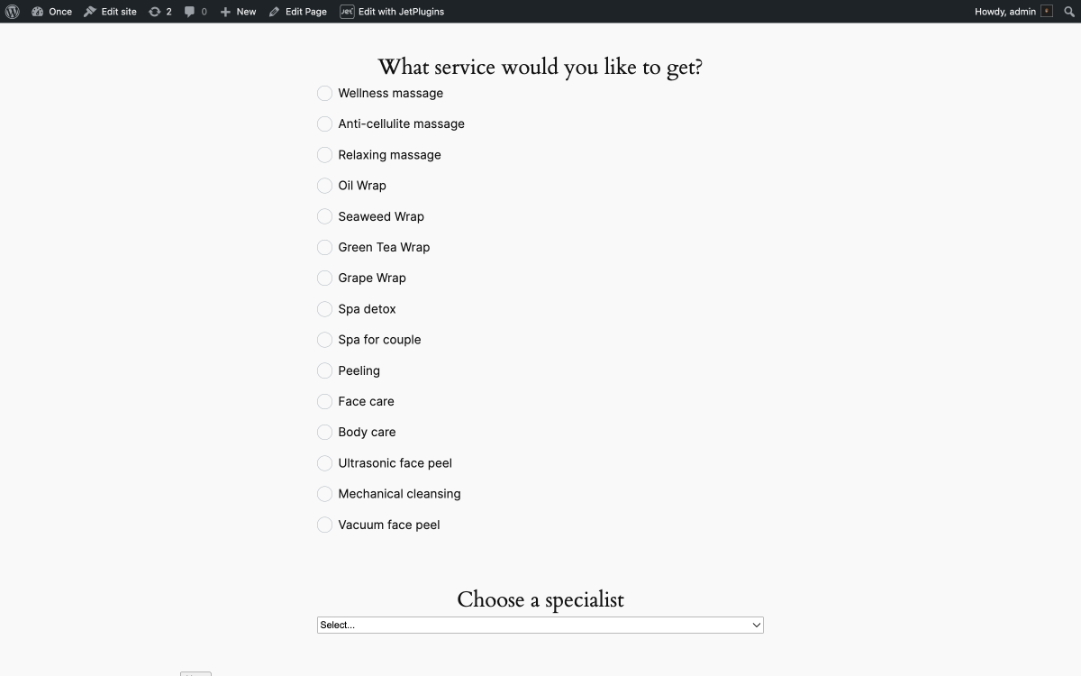 service and provider fields on the front end