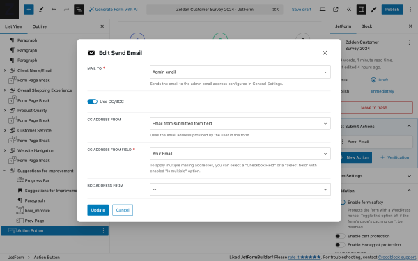 edit send email action settings pop-up