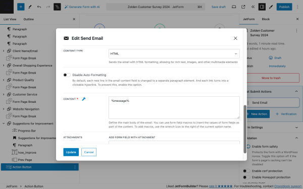 edit send email action settings popup 3