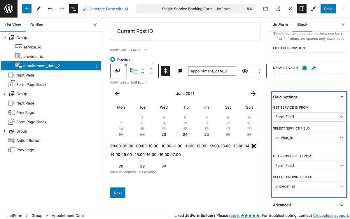 appointment date block settings