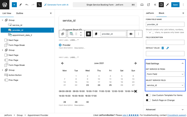 appointment provider block settings