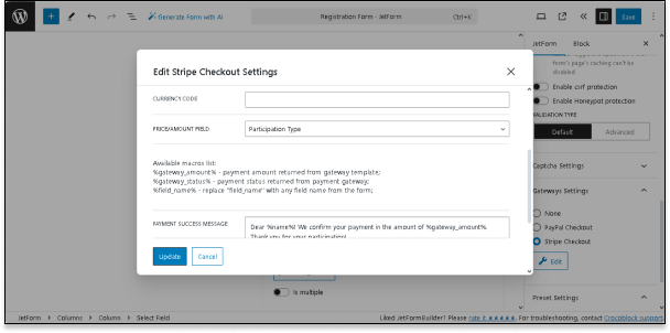 edit stripe checkout settings pop-up