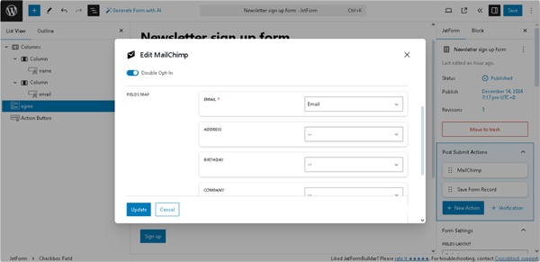 fields map settings of the edt mailchimp pop-up