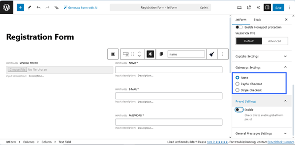 gateway settings block of the jetform settings