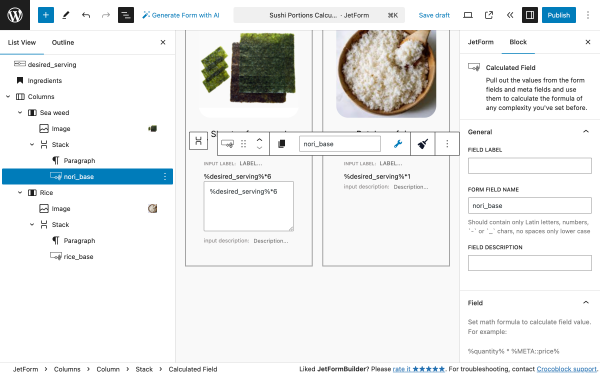 ingredient blocks calculated block settings