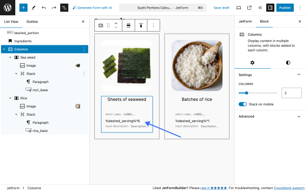 ingredients section calculated blocks with formulas