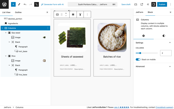 ingredients section blocks structure