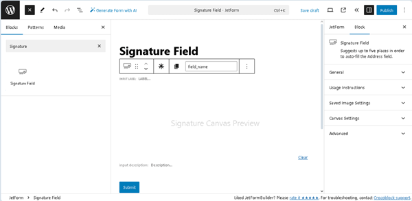 inserting the signature field block