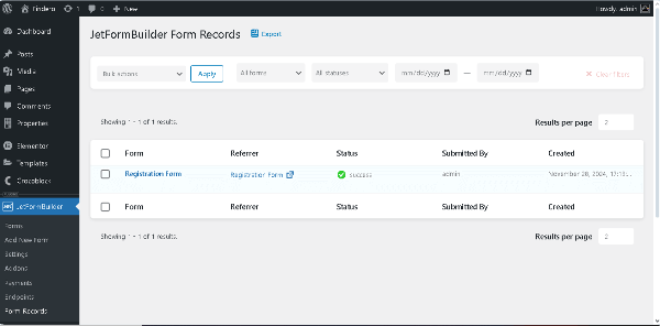 jetformbuilderform records tab