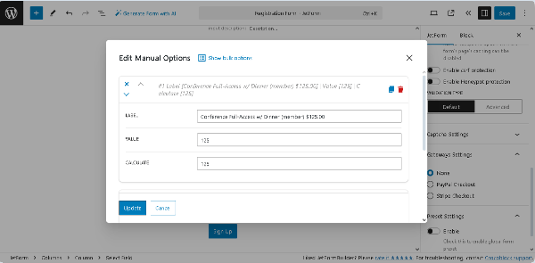 settings of the select field