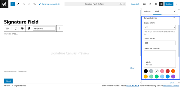 canvas settings of the signature field block