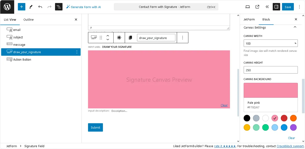 canvas settings of the signature field