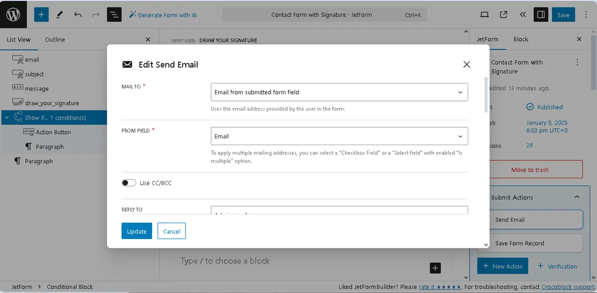 edit send email post submit settings