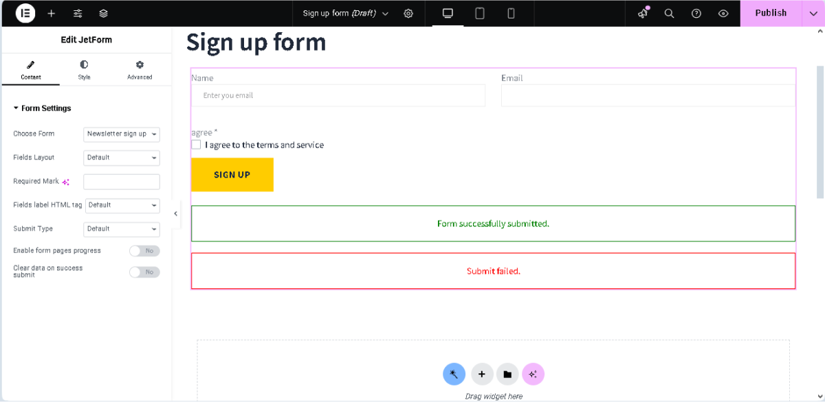 the form added to a page via the jetform widget