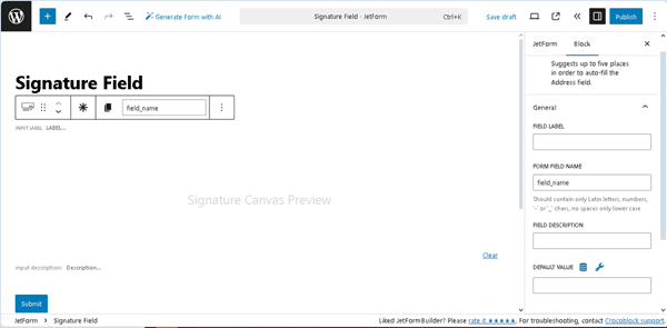 general settings of the signature field block