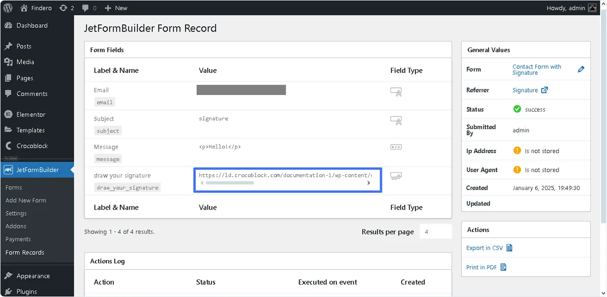 jetformbuilder form records tab