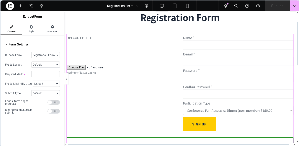 the jetform widget added to a page