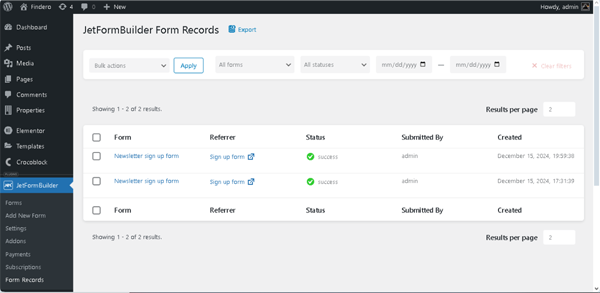 the jetformbuilder form records page