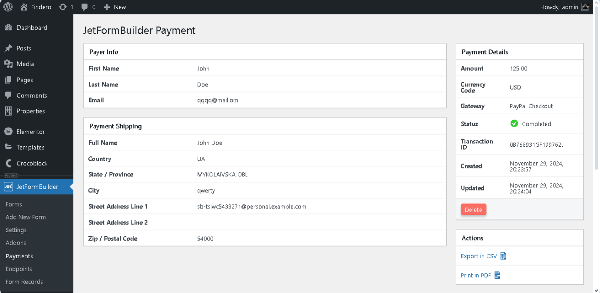 jetformbuilder payment record