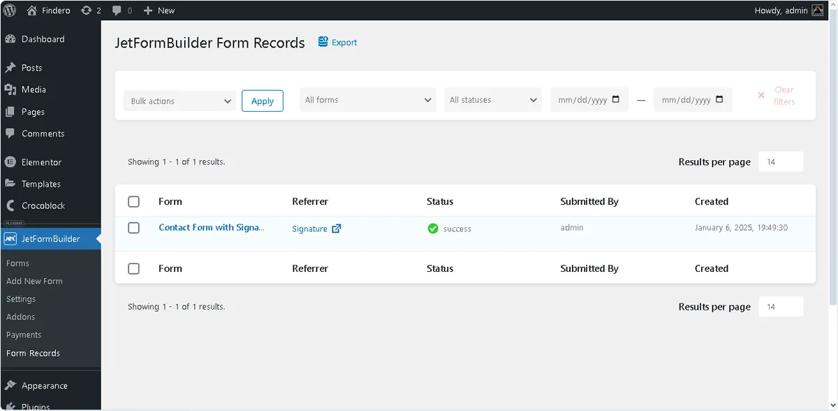 jetformbuilder form records tab