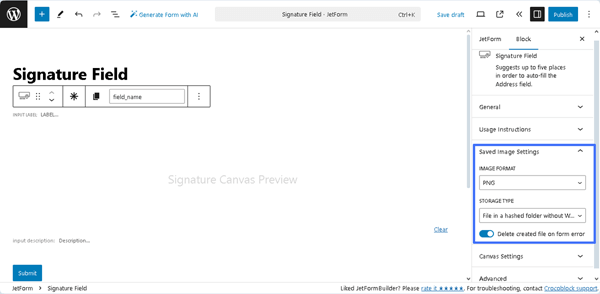 saved image settings of the signature field block