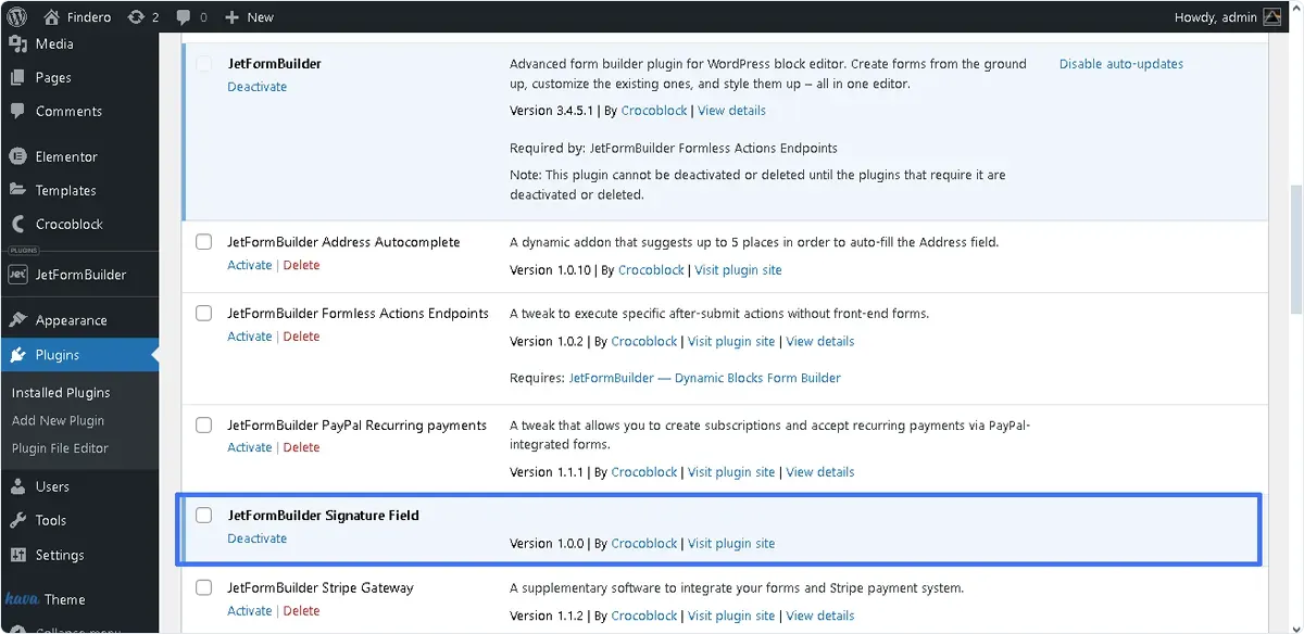 signature field add-on installed and activated