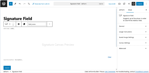 signature field block settings