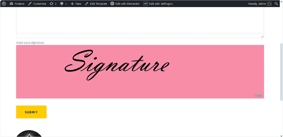 signature field completed on the front end